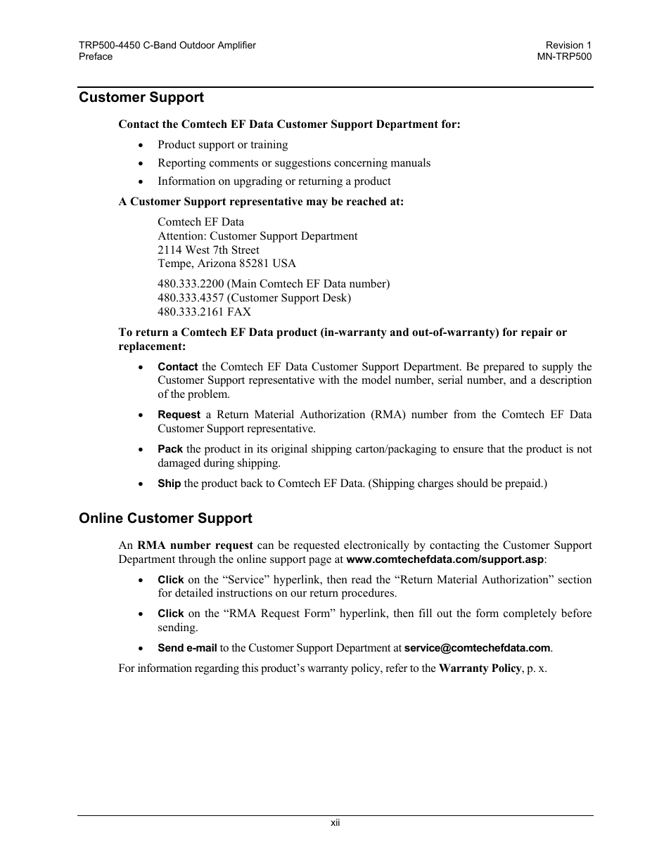 Customer support, Online customer support | Comtech EF Data TRP500 User Manual | Page 22 / 100