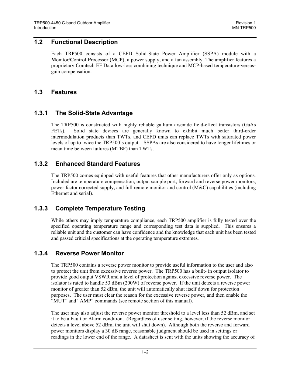 2 functional description, 3 features, 1 the solid-state advantage | 2 enhanced standard features, 3 complete temperature testing, 4 reverse power monitor | Comtech EF Data TRP500 User Manual | Page 24 / 100