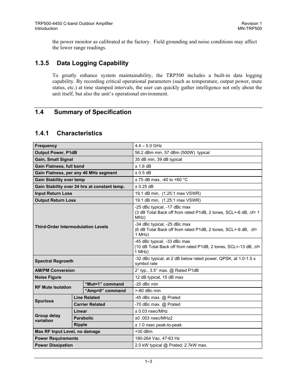 5 data logging capability, 4 summary of specification, 1 characteristics | 4 summary of specification 1.4.1 characteristics | Comtech EF Data TRP500 User Manual | Page 25 / 100