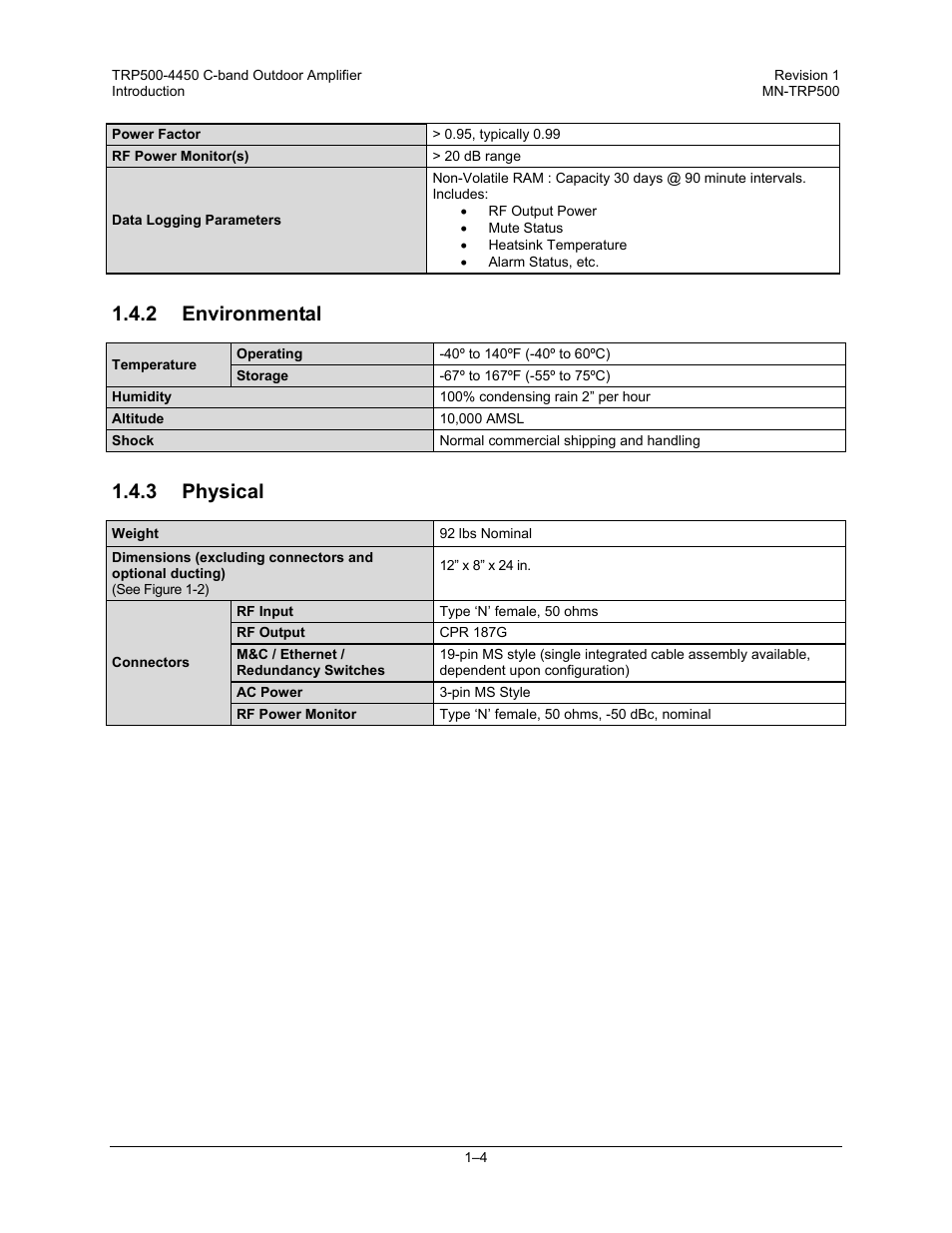 2 environmental, 3 physical | Comtech EF Data TRP500 User Manual | Page 26 / 100