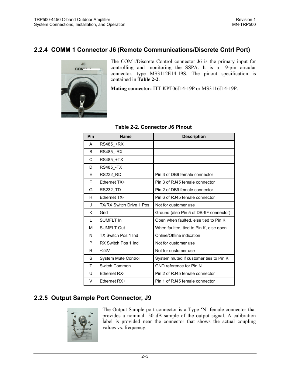 5 output sample port connector, j9 | Comtech EF Data TRP500 User Manual | Page 31 / 100