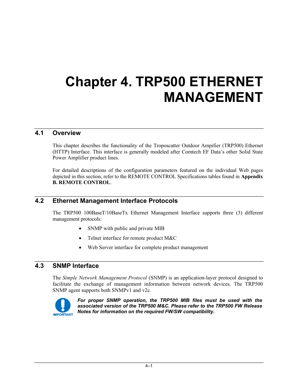 Trp500-ch04_ethernetmgmt, Chapter 4. trp500 ethernet management, 1 overview | 2 ethernet management interface protocols, 3 snmp interface | Comtech EF Data TRP500 User Manual | Page 37 / 100