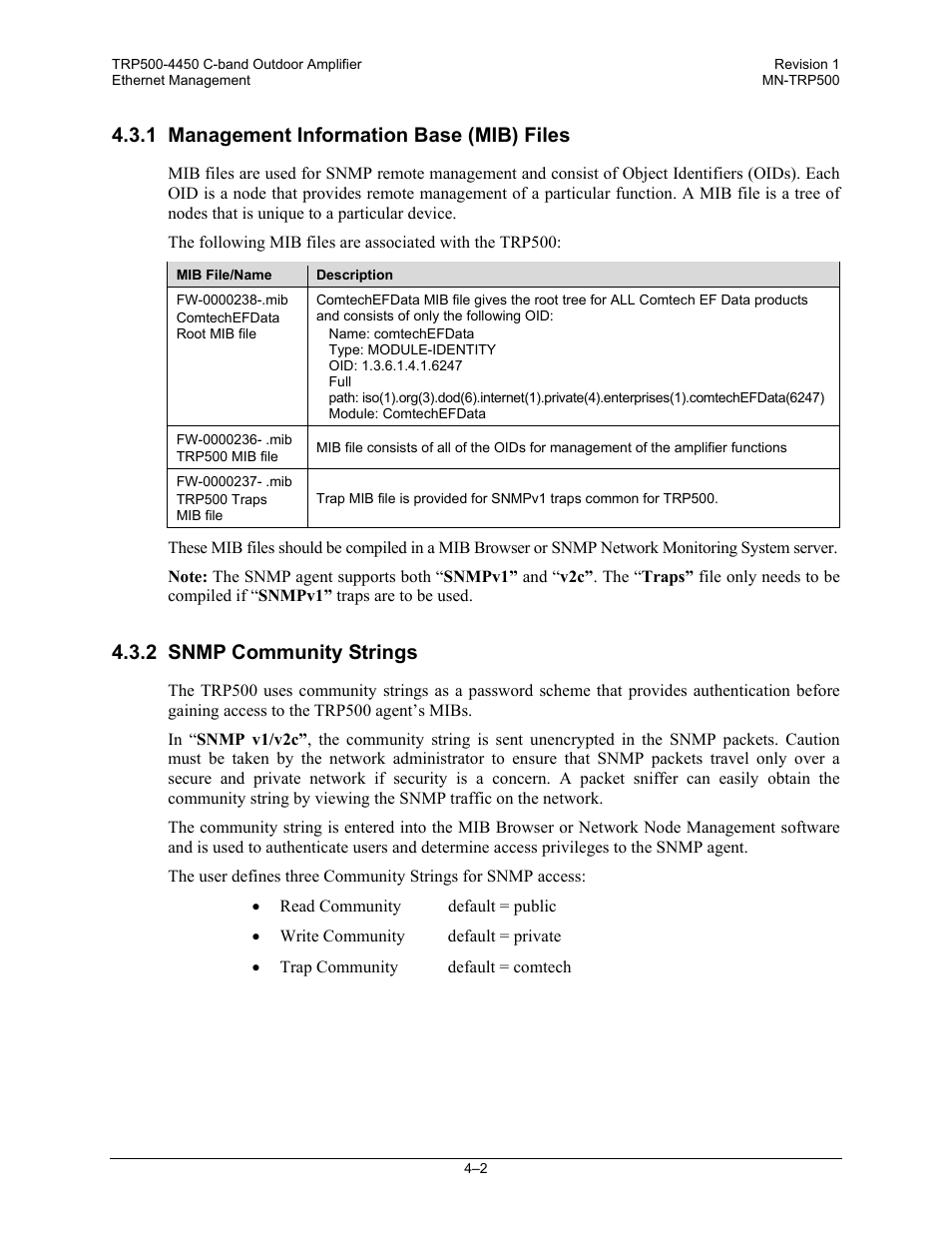 1 management information base (mib) files, 2 snmp community strings | Comtech EF Data TRP500 User Manual | Page 38 / 100