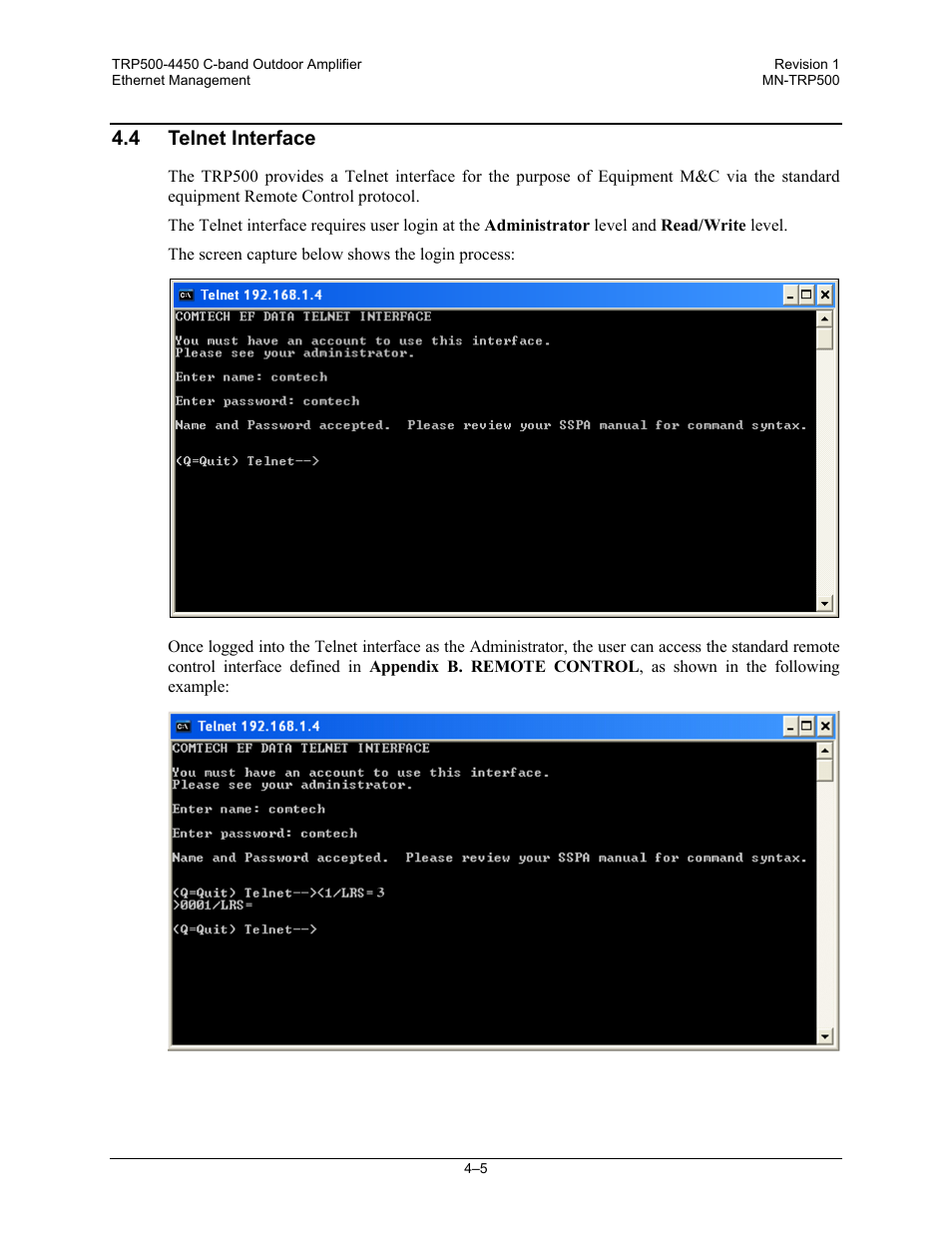 4 telnet interface | Comtech EF Data TRP500 User Manual | Page 41 / 100