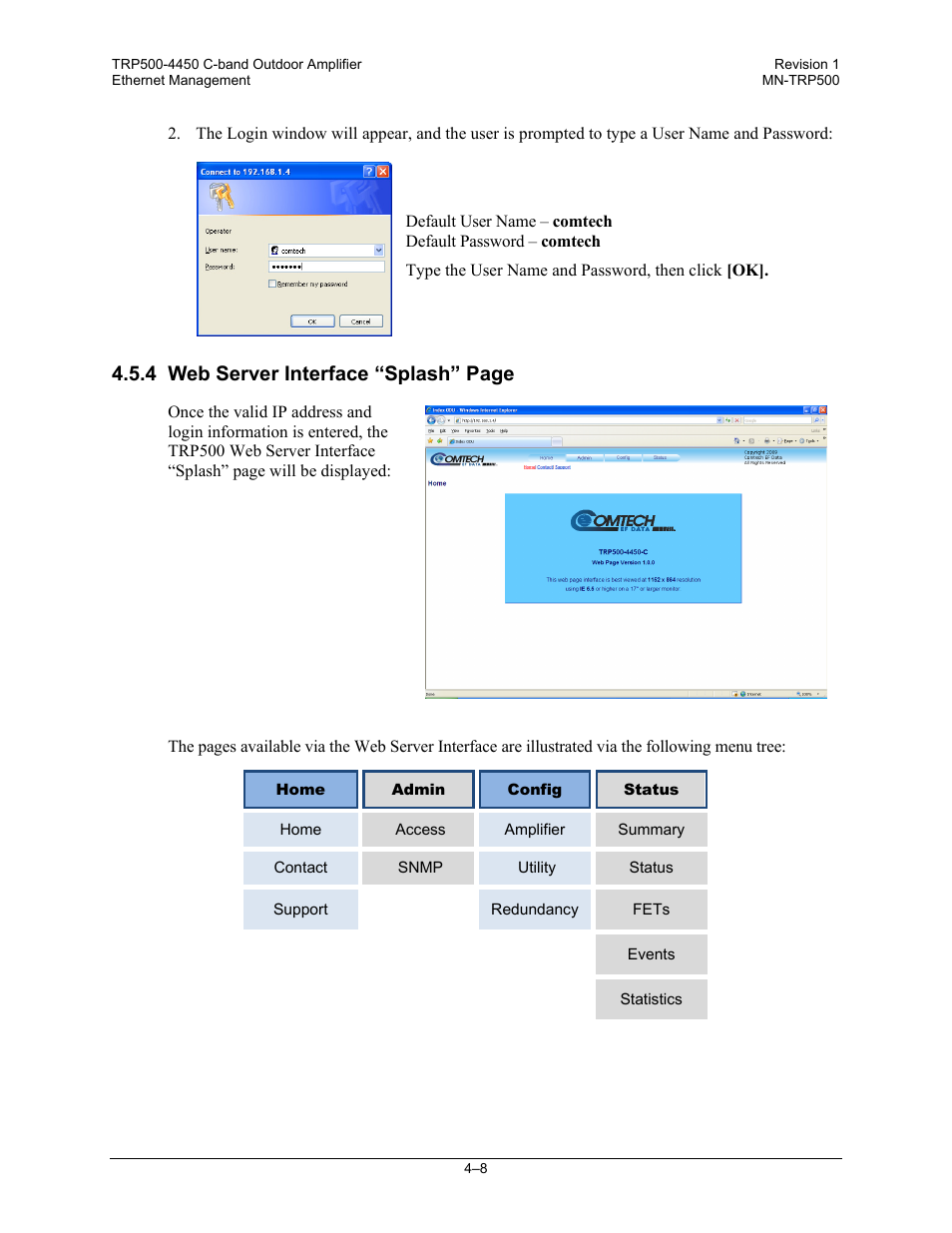 4 web server interface “splash” page | Comtech EF Data TRP500 User Manual | Page 44 / 100