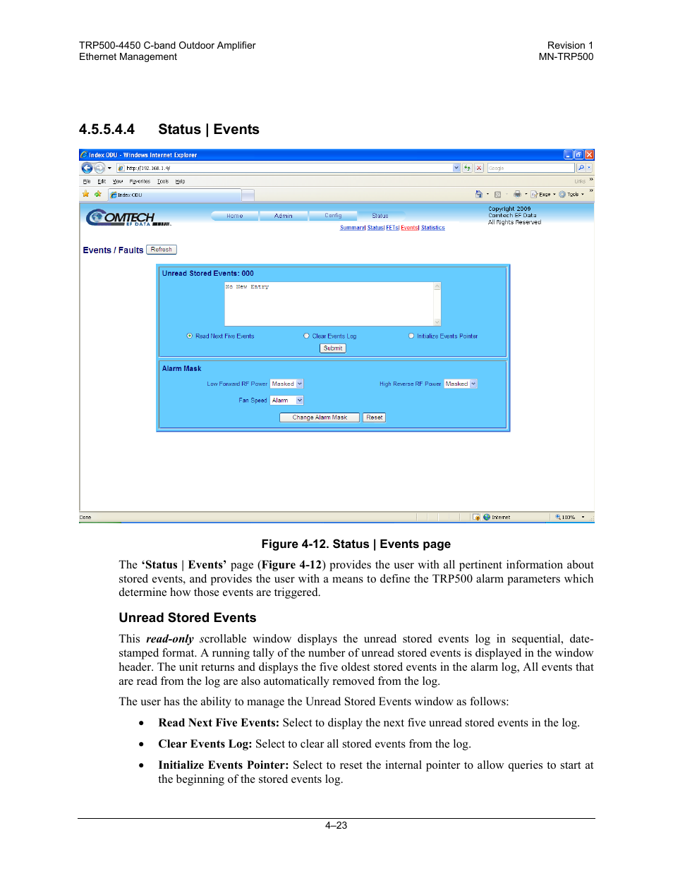 4 status | events | Comtech EF Data TRP500 User Manual | Page 59 / 100