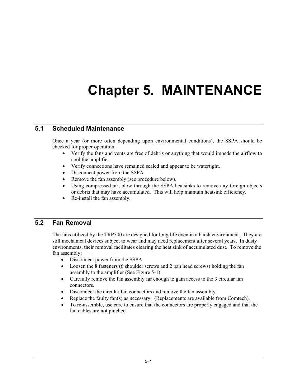 Trp500-ch05_maintenance, 1 scheduled maintenance, 2 fan removal | Chapter 5. maintenance | Comtech EF Data TRP500 User Manual | Page 63 / 100