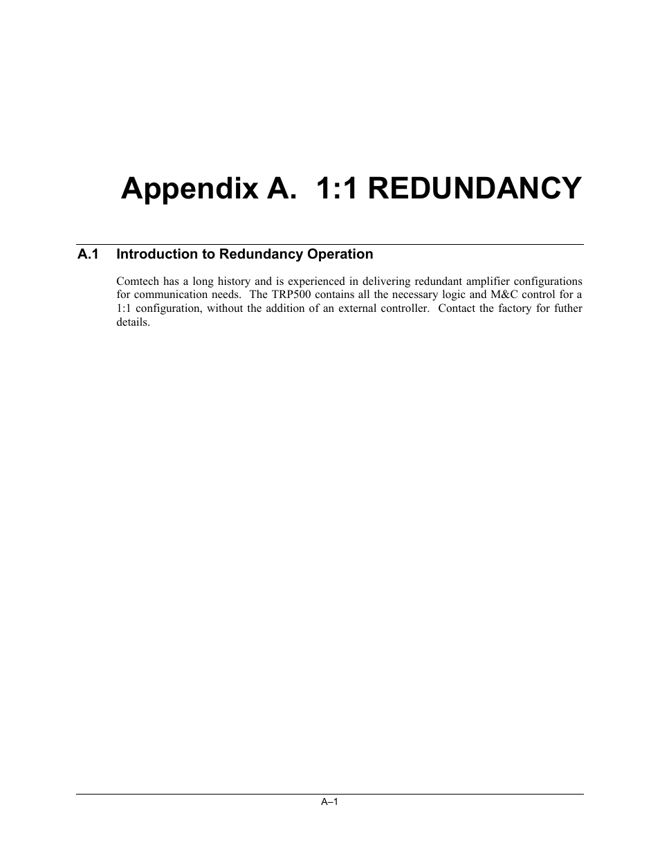 Trp500-app_a_redundancy, A.1 introduction to redundancy operation, Appendix a. 1:1 redundancy | Comtech EF Data TRP500 User Manual | Page 65 / 100