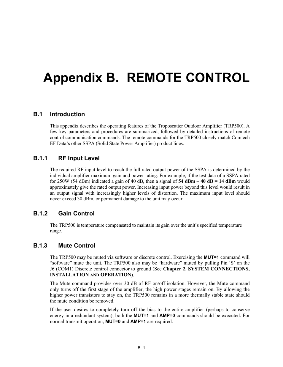 Trp500-app_b_remote, B.1 introduction, B.1.1 rf input level | B.1.2 gain control, B.1.3 mute control, Appendix b. remote control | Comtech EF Data TRP500 User Manual | Page 67 / 100