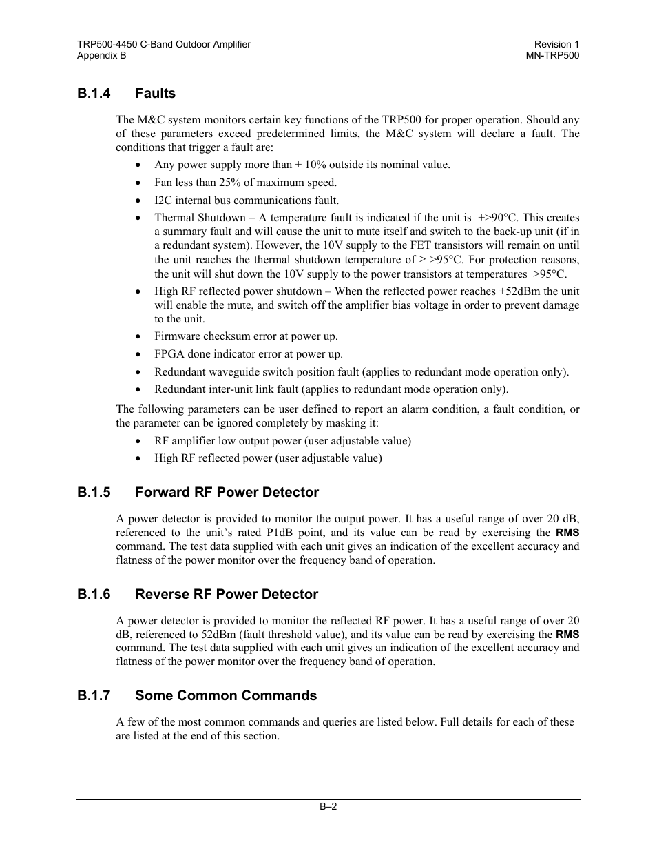 B.1.5 forward rf power detector, B.1.6 reverse rf power detector, B.1.7 some common commands | Comtech EF Data TRP500 User Manual | Page 68 / 100