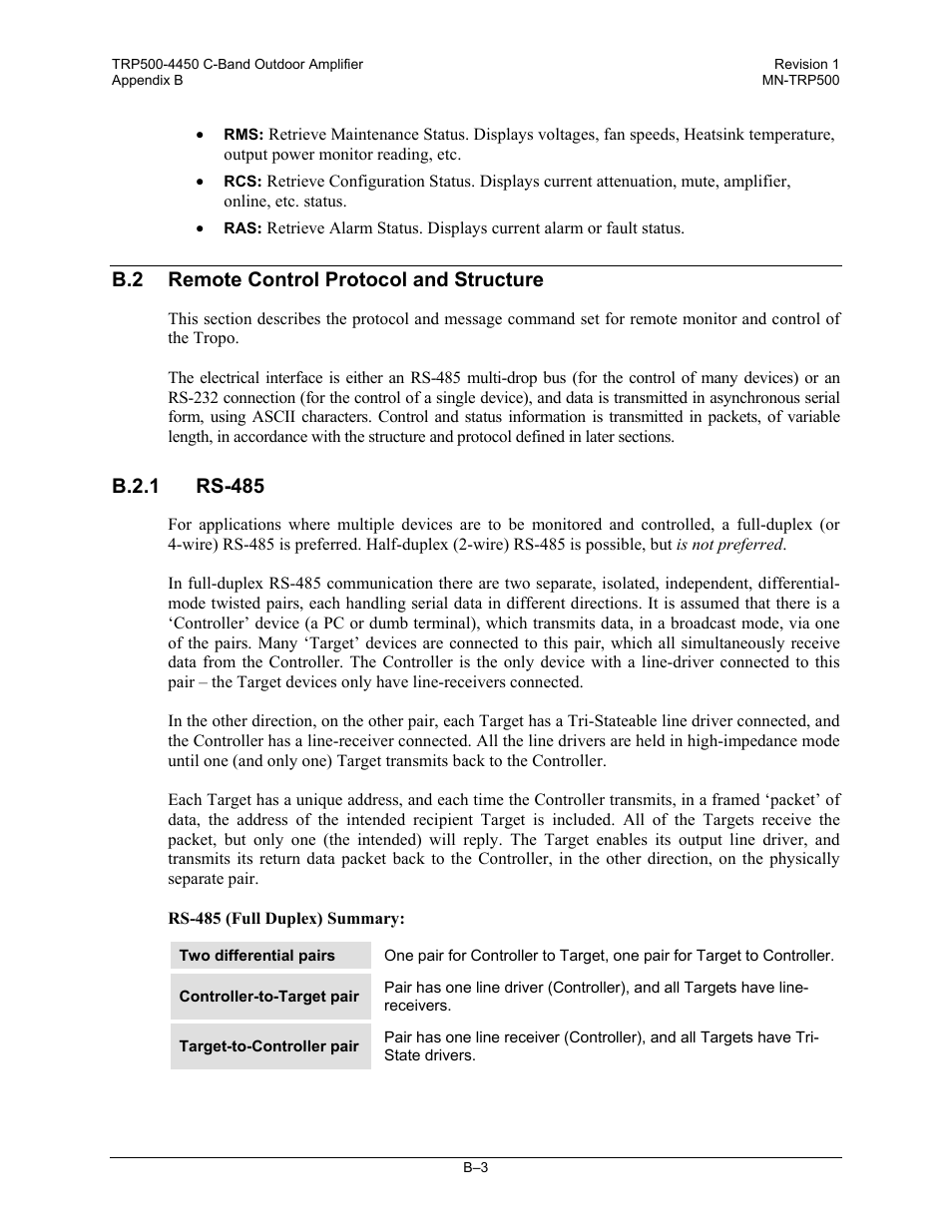 B.2 remote control protocol and structure, B.2.1 rs-485 | Comtech EF Data TRP500 User Manual | Page 69 / 100