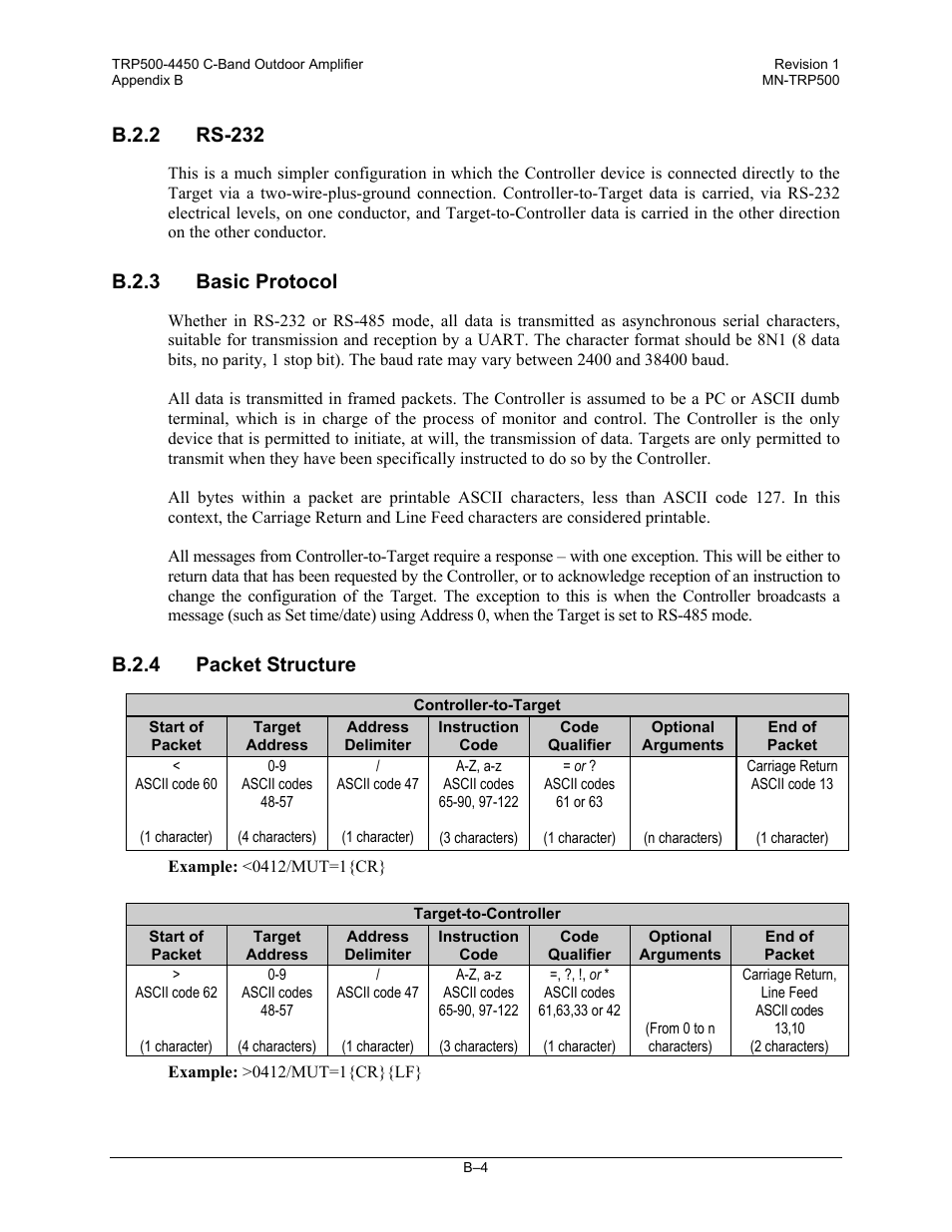 B.2.2 rs-232, B.2.3 basic protocol, B.2.4 packet structure | Comtech EF Data TRP500 User Manual | Page 70 / 100