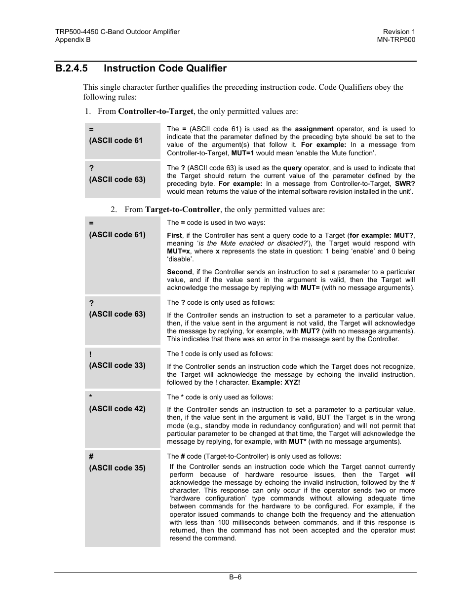 B.2.4.5 instruction code qualifier | Comtech EF Data TRP500 User Manual | Page 72 / 100