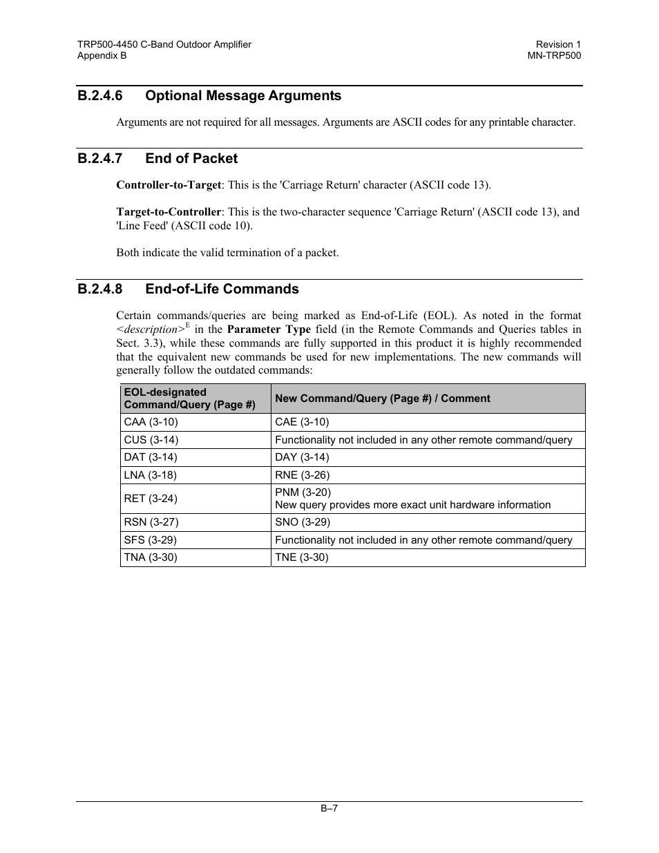 B.2.4.6 optional message arguments, B.2.4.7 end of packet, B.2.4.8 end-of-life commands | Comtech EF Data TRP500 User Manual | Page 73 / 100