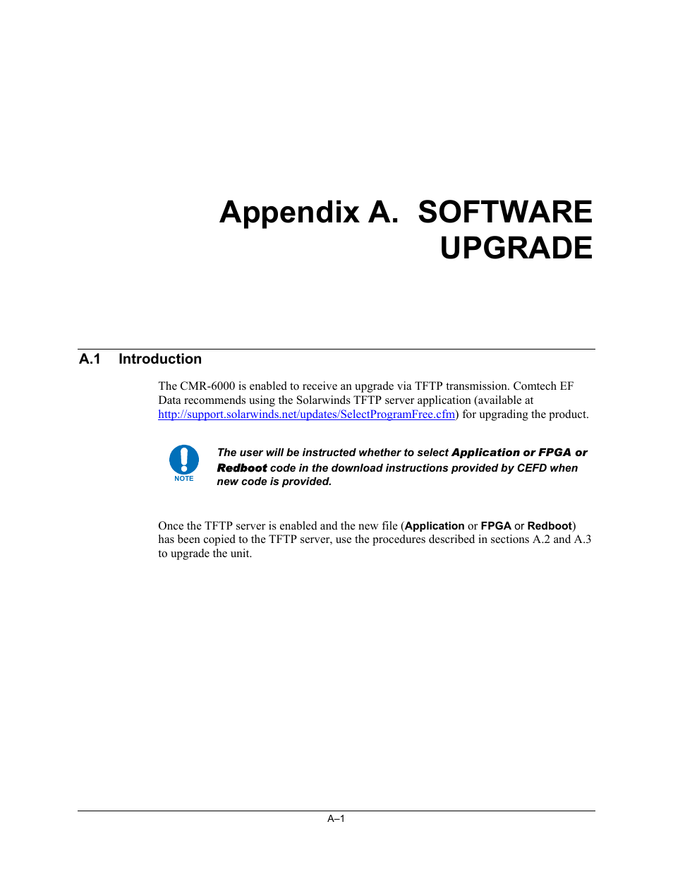 Cmr6000-append_a_swupgrade, Appendix a. software upgrade, A.1 introduction | Comtech EF Data CMR-6000 Manual User Manual | Page 103 / 138