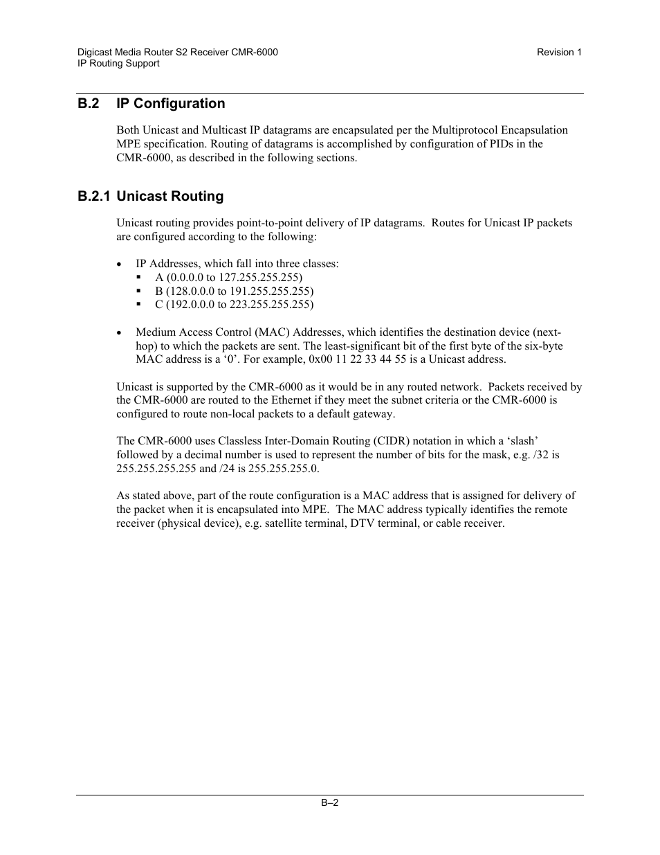 B.2 2bip configuration, B.2.1 4bunicast routing, B.2 ip configuration | B.2.1 unicast routing | Comtech EF Data CMR-6000 Manual User Manual | Page 110 / 138