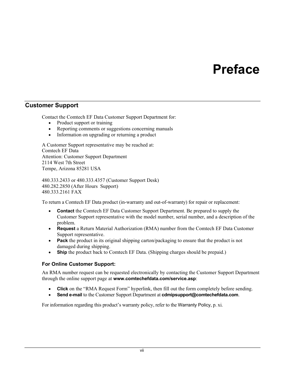 Preface, Customer support | Comtech EF Data CMR-6000 Manual User Manual | Page 13 / 138