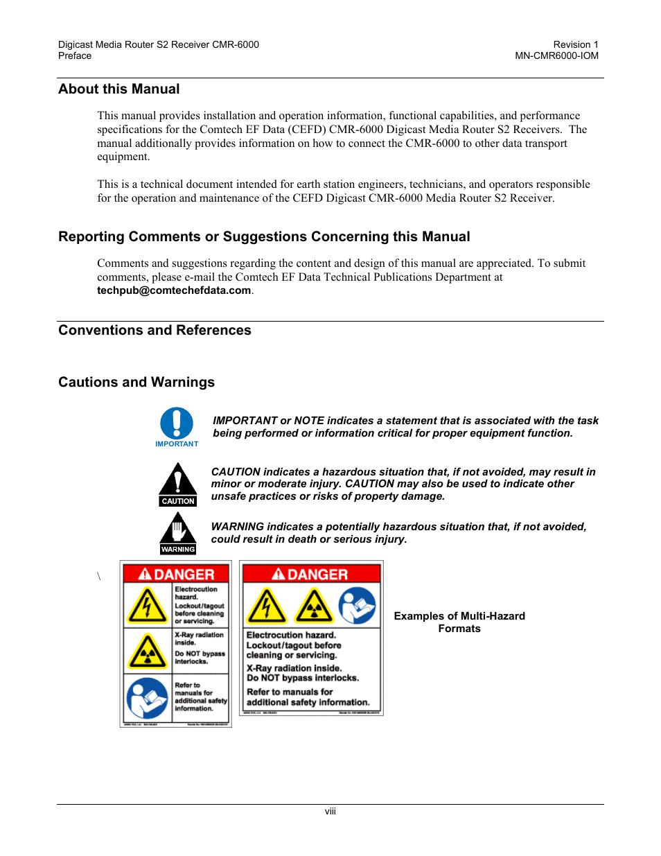 About this manual, Conventions and references, Cautions and warnings | Conventions and references cautions and warnings | Comtech EF Data CMR-6000 Manual User Manual | Page 14 / 138