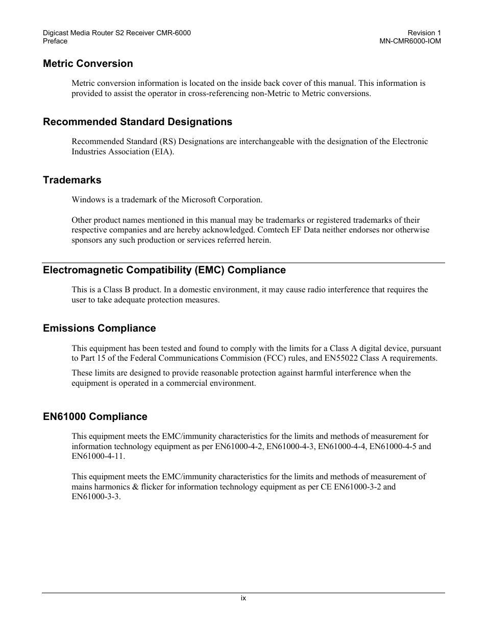 Metric conversion, Recommended standard designations, Trademarks | Electromagnetic compatibility (emc) compliance, Emissions compliance, En61000 compliance | Comtech EF Data CMR-6000 Manual User Manual | Page 15 / 138