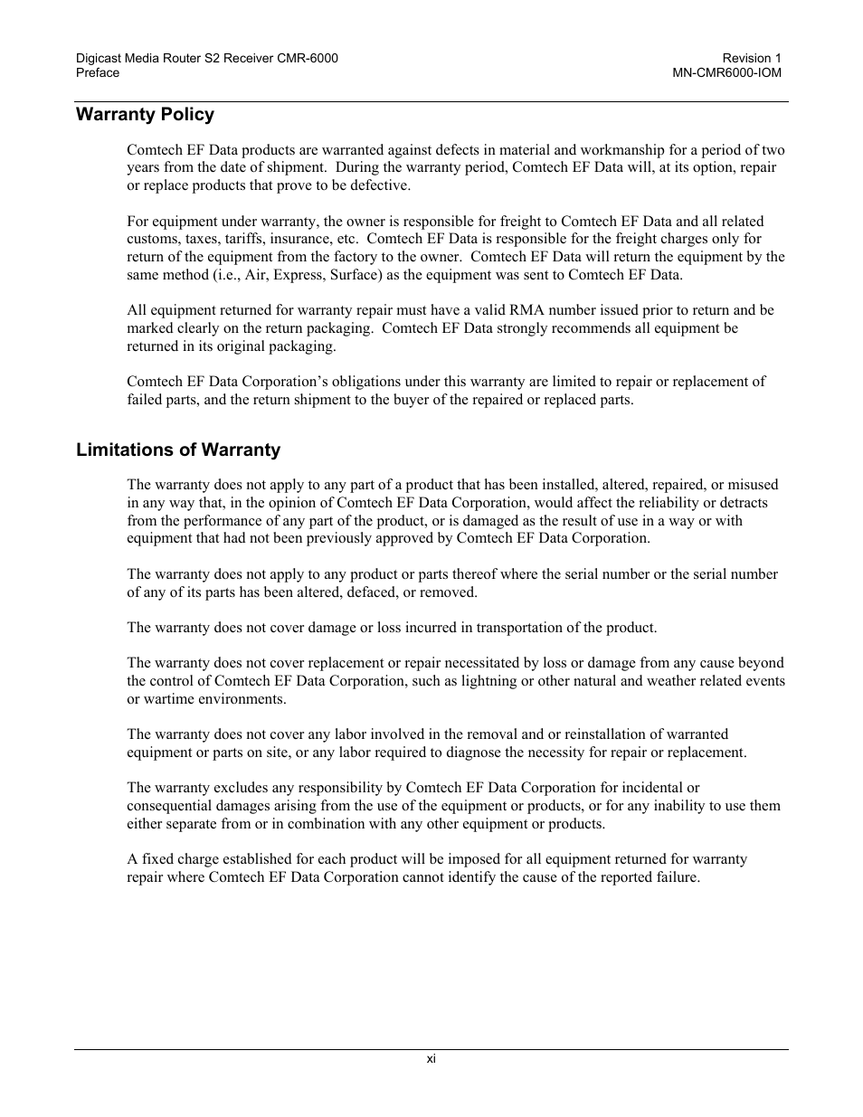 Warranty policy, Limitations of warranty, Exclusive remedies | Comtech EF Data CMR-6000 Manual User Manual | Page 17 / 138