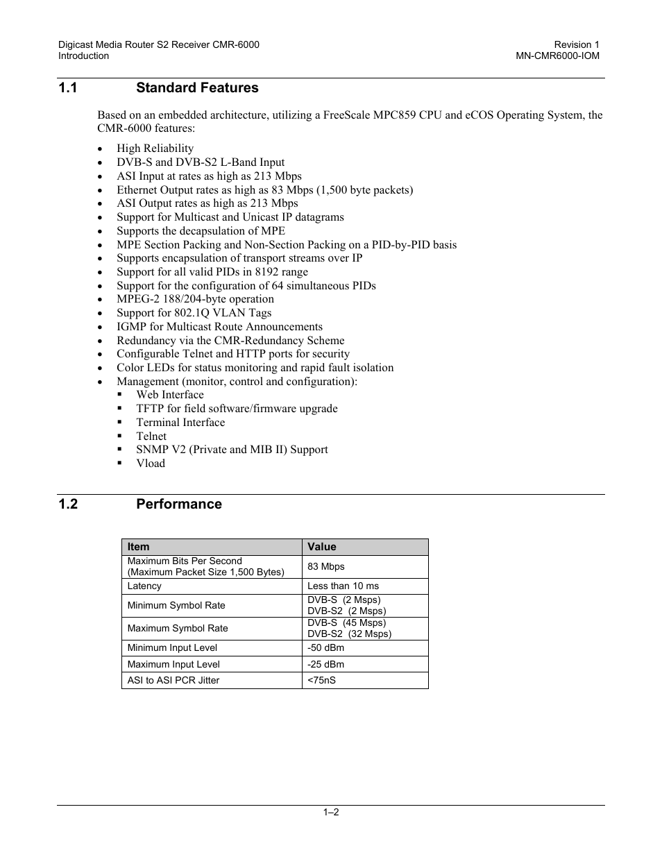 1 standard features, 2 performance | Comtech EF Data CMR-6000 Manual User Manual | Page 20 / 138