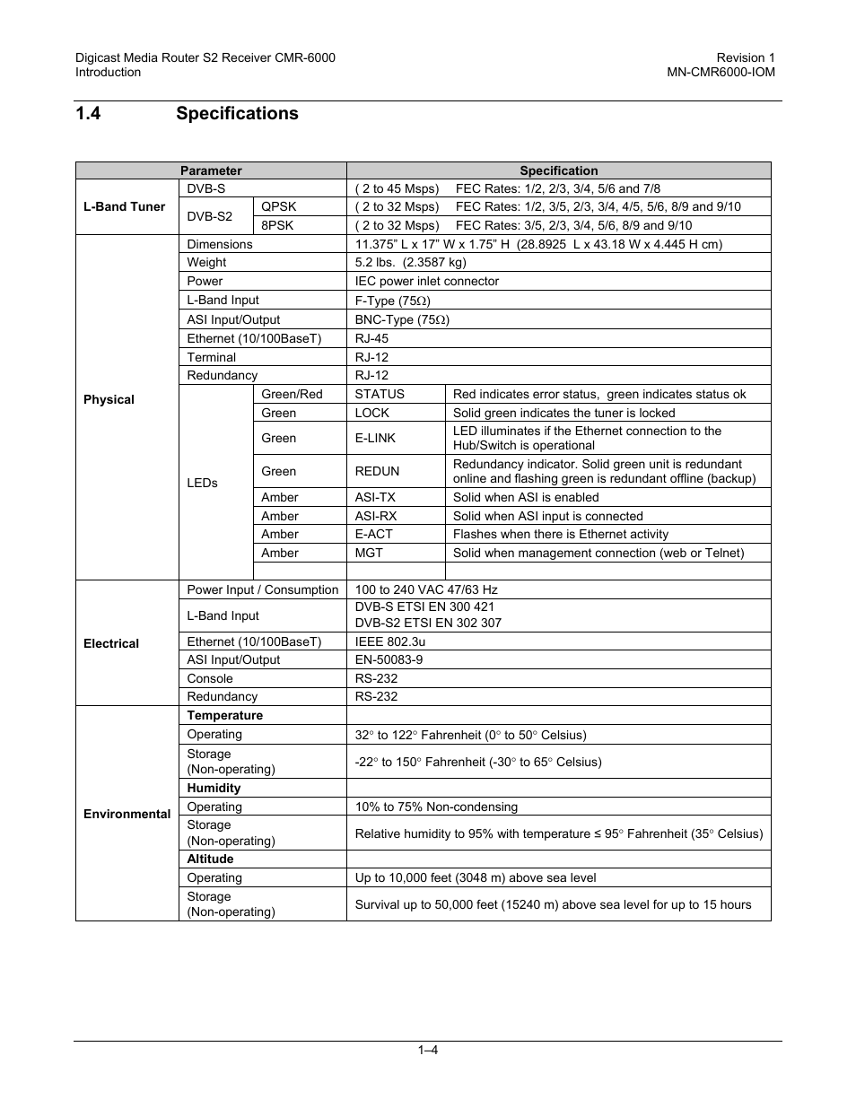 4 specifications | Comtech EF Data CMR-6000 Manual User Manual | Page 22 / 138