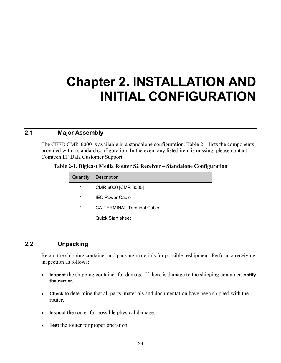 Cmr6000-ch2_installation, 1 major assembly, 2 unpacking | Chapter 2. installation and initial configuration | Comtech EF Data CMR-6000 Manual User Manual | Page 25 / 138