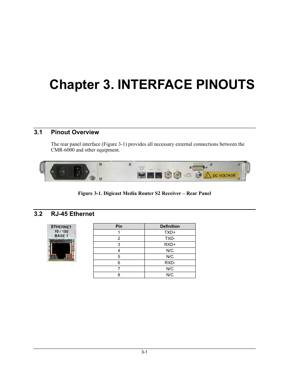 Cmr6000-ch3_pinouts, Chapter 3. interface pinouts, 1 pinout overview | 2 rj-45 ethernet | Comtech EF Data CMR-6000 Manual User Manual | Page 29 / 138