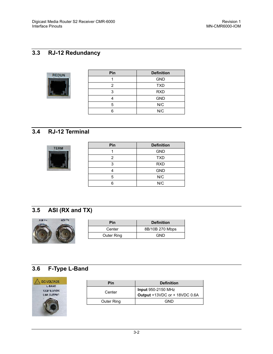 3 rj-12 redundancy, 4 rj-12 terminal, 5 asi (rx and tx) | 6 f-type l-band | Comtech EF Data CMR-6000 Manual User Manual | Page 30 / 138