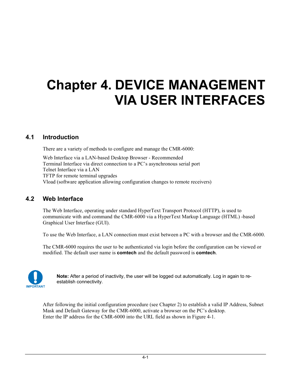 Cmr6000-ch4_userinterface, 1 introduction, 2 web interface | Chapter 4. device management via user interfaces | Comtech EF Data CMR-6000 Manual User Manual | Page 31 / 138