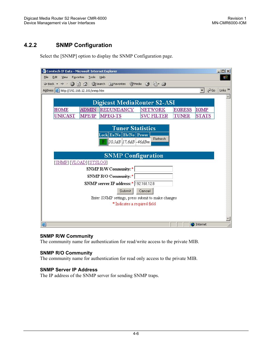 2 snmp configuration | Comtech EF Data CMR-6000 Manual User Manual | Page 36 / 138