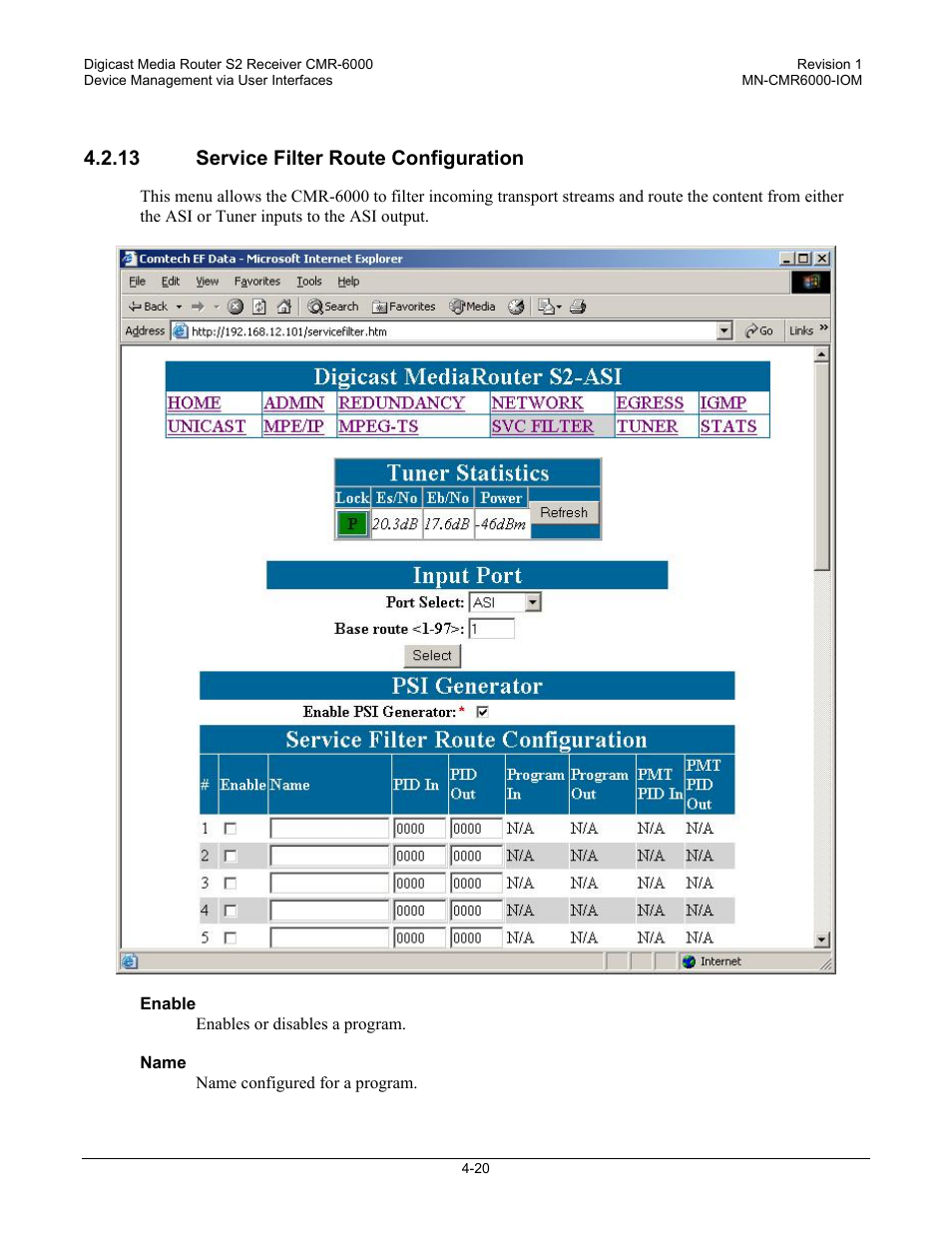 13 service filter route configuration | Comtech EF Data CMR-6000 Manual User Manual | Page 50 / 138