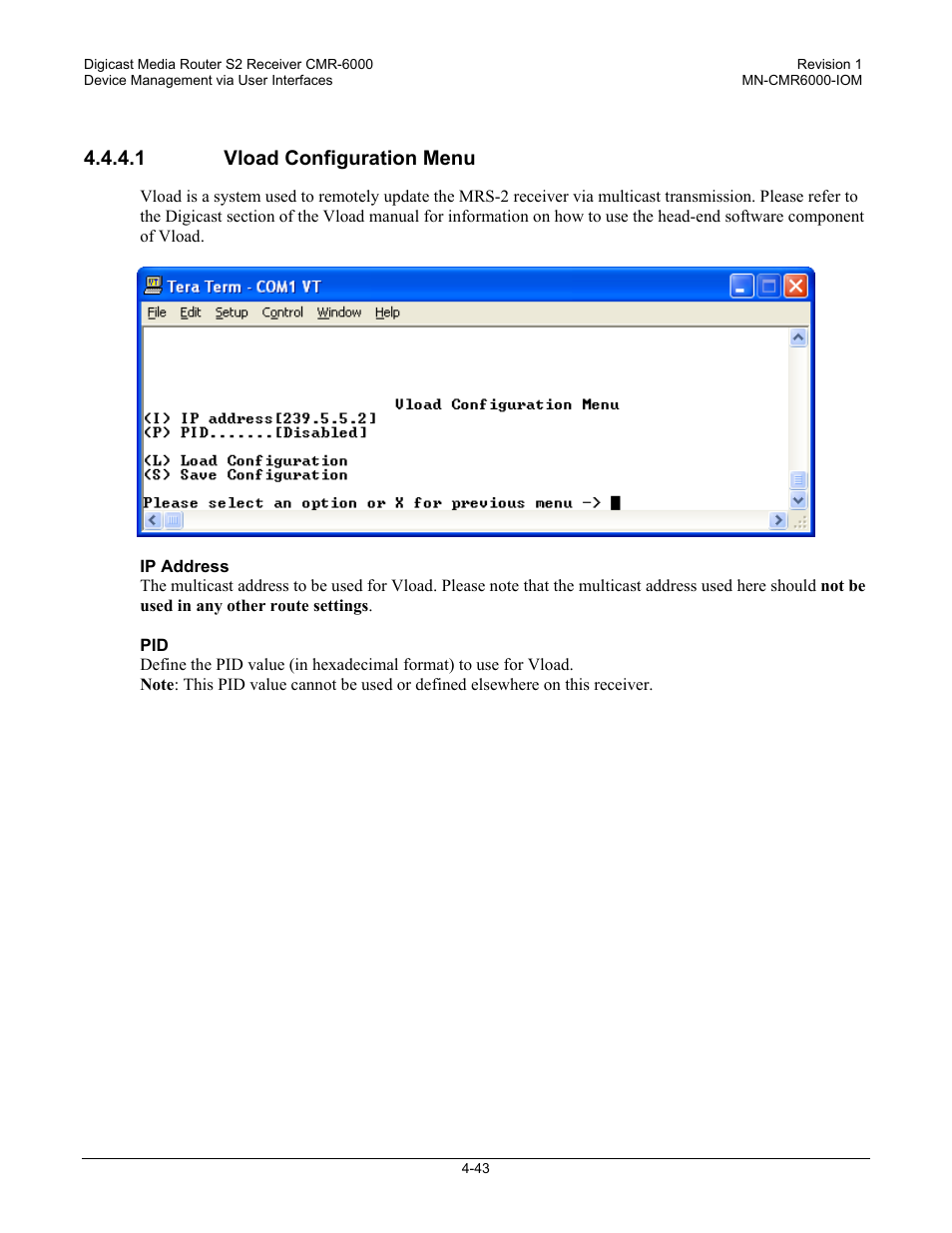 1 vload configuration menu | Comtech EF Data CMR-6000 Manual User Manual | Page 73 / 138