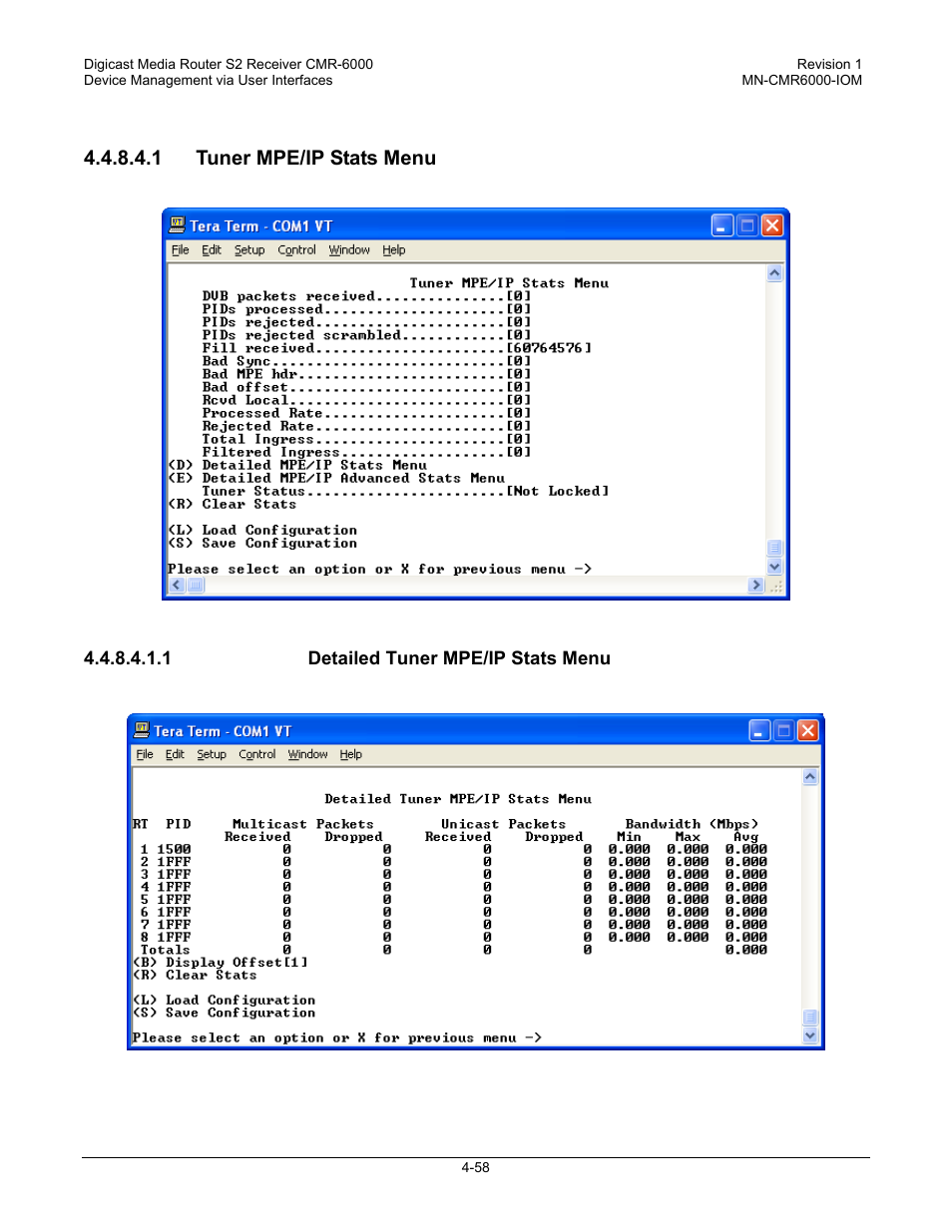 1 tuner mpe/ip stats menu | Comtech EF Data CMR-6000 Manual User Manual | Page 88 / 138