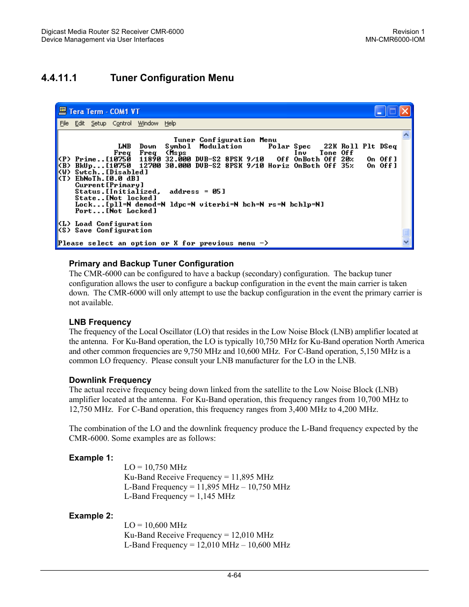 1 tuner configuration menu | Comtech EF Data CMR-6000 Manual User Manual | Page 94 / 138