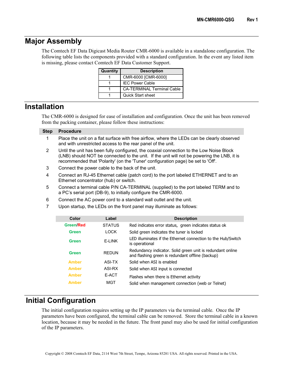 Major assembly, Installation, Initial configuration | Comtech EF Data CMR-6000 Quick Start Guide User Manual | Page 2 / 4