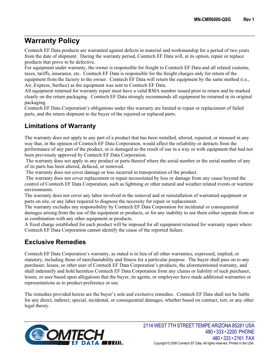 Warranty policy, Limitations of warranty, Exclusive remedies | Comtech EF Data CMR-6000 Quick Start Guide User Manual | Page 4 / 4