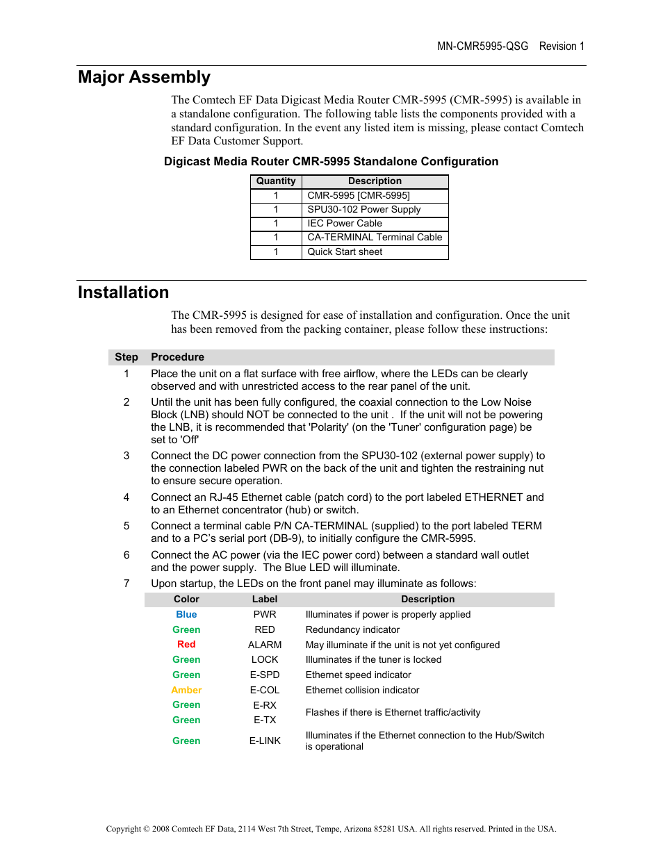 Major assembly, Installation | Comtech EF Data CMR-5995 Quick Start Guide User Manual | Page 2 / 4