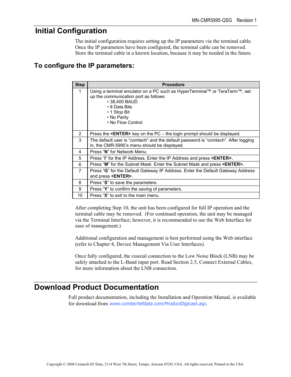 Initial configuration, Download product documentation | Comtech EF Data CMR-5995 Quick Start Guide User Manual | Page 3 / 4