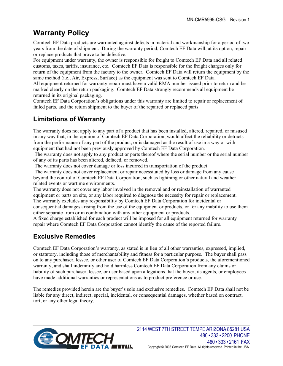 Warranty policy, Limitations of warranty, Exclusive remedies | Comtech EF Data CMR-5995 Quick Start Guide User Manual | Page 4 / 4