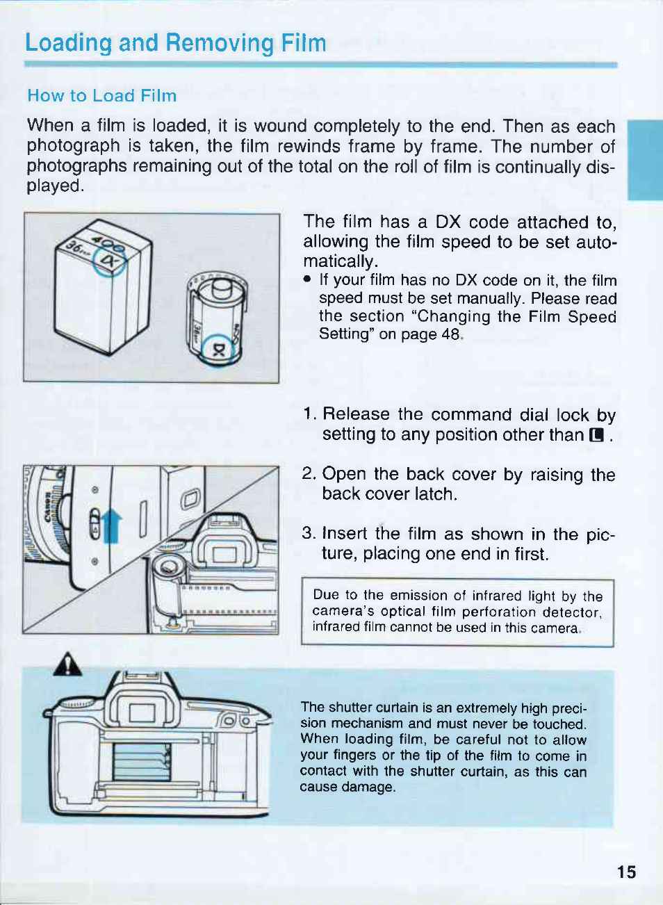 Loading and removing film | Canon EOS 500QD User Manual | Page 15 / 64