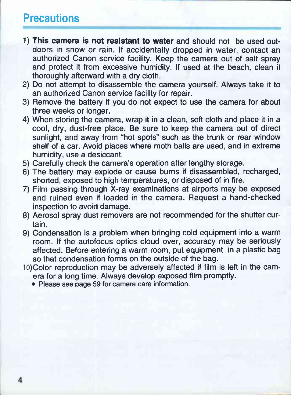 Precautions | Canon EOS 500QD User Manual | Page 4 / 64