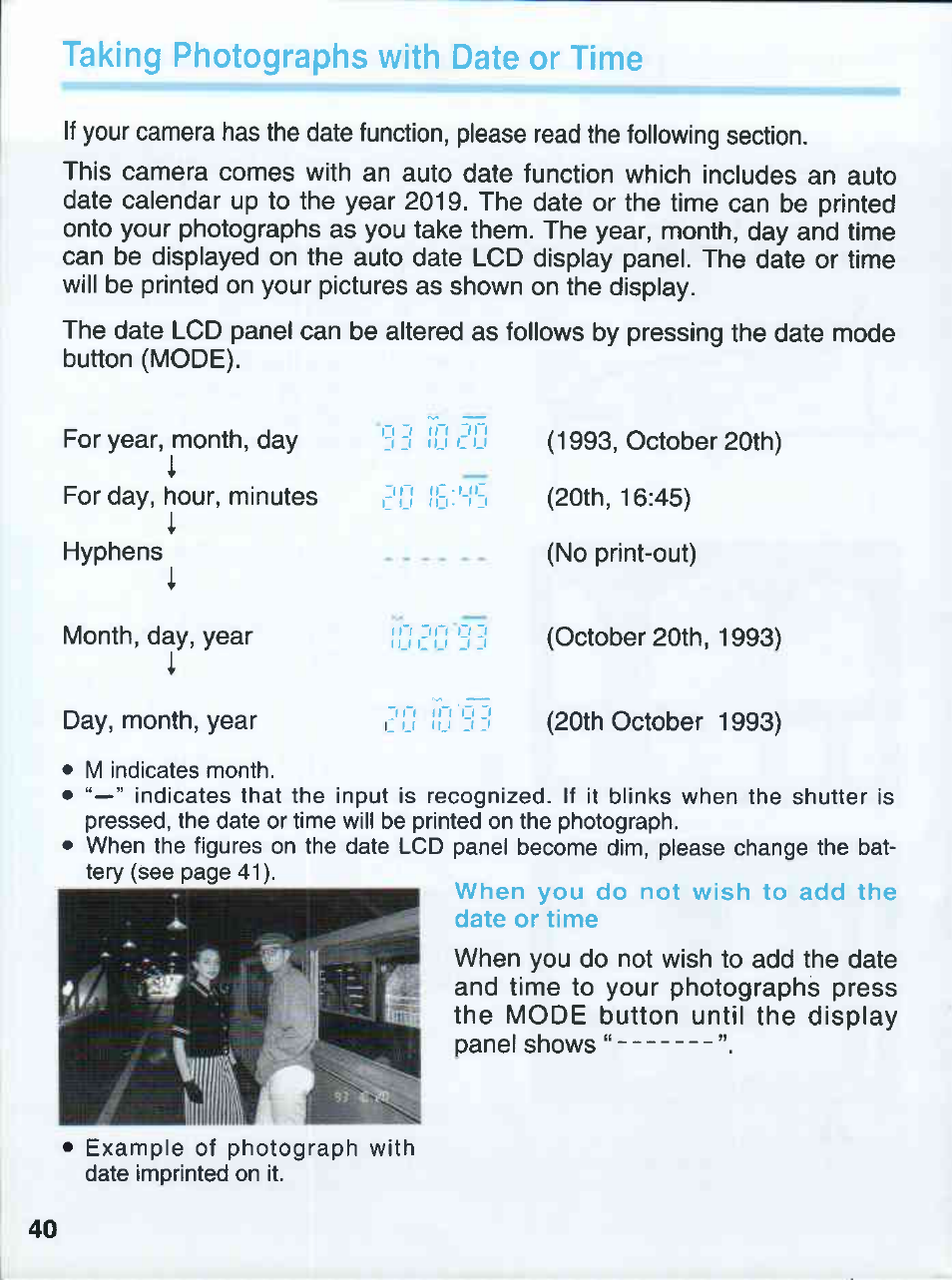 Taking photographs with date or time, When you do not wish to add the date or time | Canon EOS 500QD User Manual | Page 40 / 64