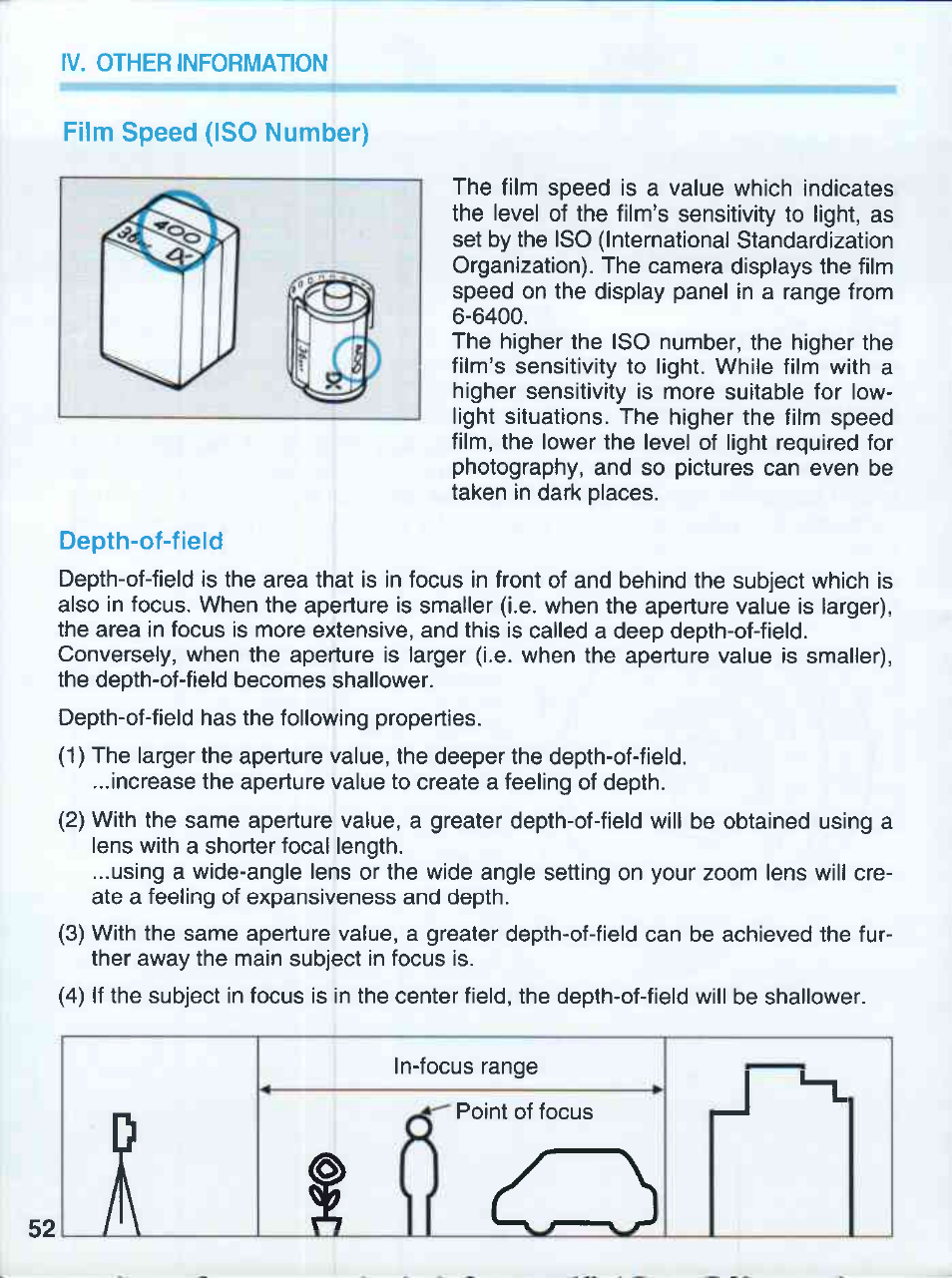 Film speed (iso number), Depth-of-field | Canon EOS 500QD User Manual | Page 52 / 64