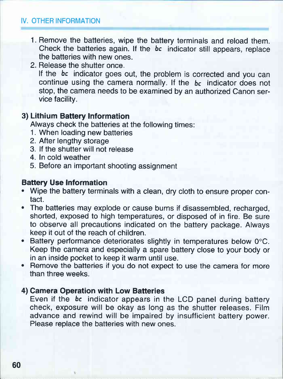 3) lithium battery information, 4) camera operation with low batteries | Canon EOS 500QD User Manual | Page 60 / 64