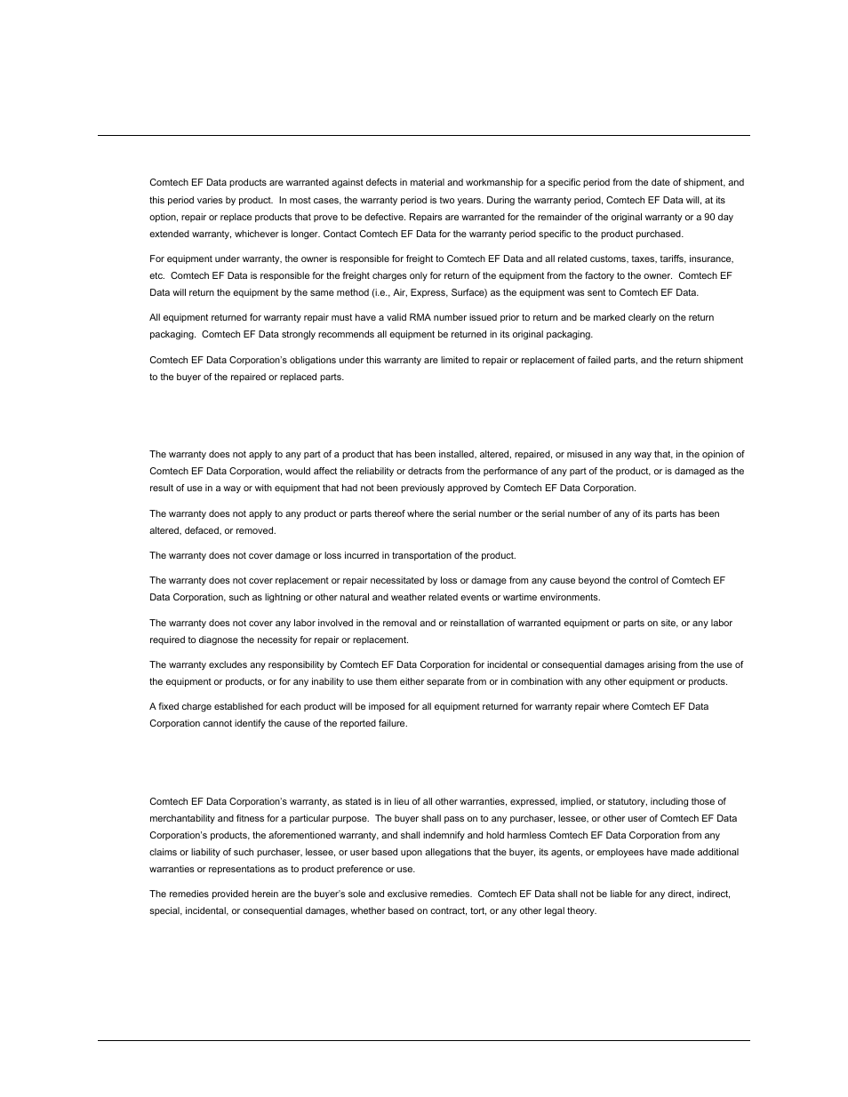 Warranty policy, Limitations of warranty, Exclusive remedies | Comtech EF Data MDX420 SkyWire Manual User Manual | Page 15 / 122