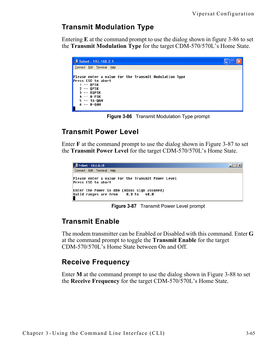 Transmit modulation type, Transmit power level, Transmit enable | Receive frequency | Comtech EF Data CDM-570/570L Vipersat User Manual | Page 101 / 192