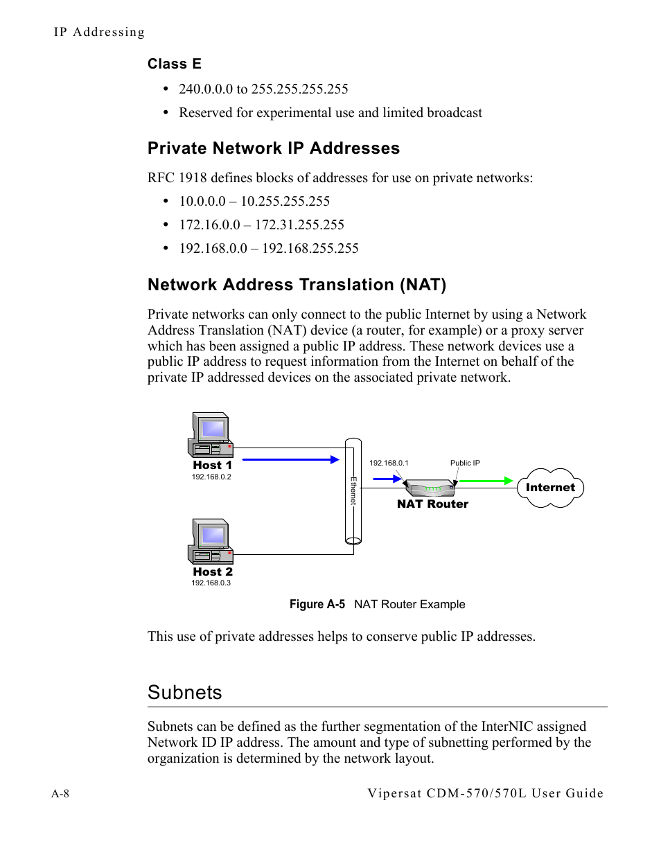 Class e, Private network ip addresses, Network address translation (nat) | Subnets, Class e . . . . . . . . . . . . . . . .a-8, Subnets . . . . . . . . . . . . . . . . . . .a-8, Figure a-5 nat router example | Comtech EF Data CDM-570/570L Vipersat User Manual | Page 114 / 192