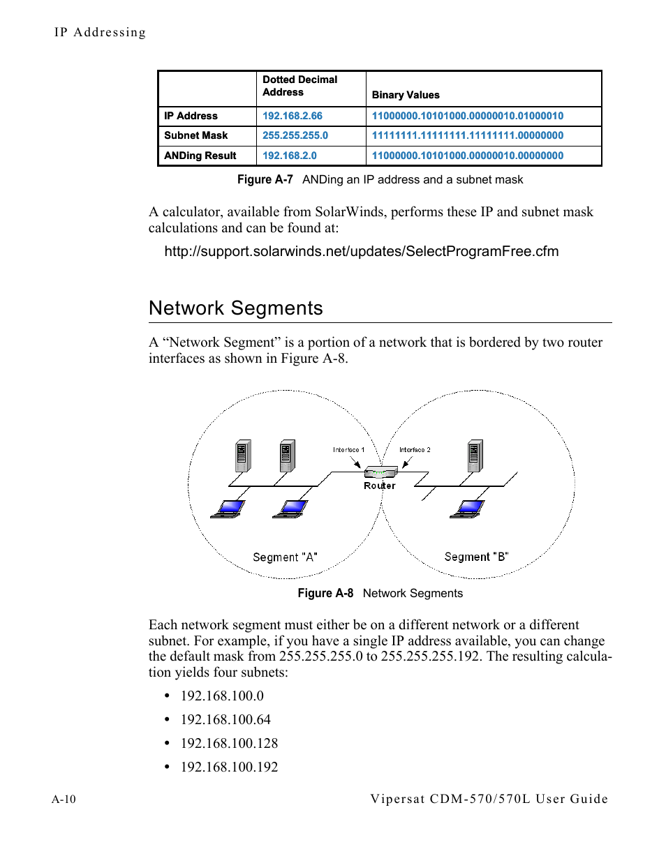 Network segments, Network segments . . . . . . . . . . . . a-10, Figure a-7 anding an ip address and a subnet | Mask, Figure a-8 network segments | Comtech EF Data CDM-570/570L Vipersat User Manual | Page 116 / 192