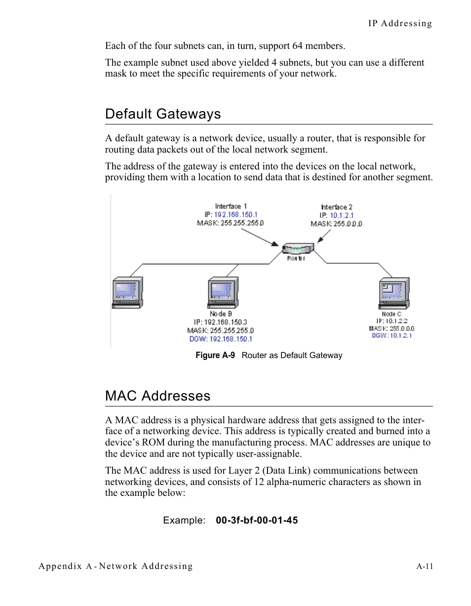 Default gateways, Mac addresses, Figure a-9 router as default gateway | Comtech EF Data CDM-570/570L Vipersat User Manual | Page 117 / 192